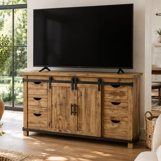 Rustic Pine TV stand in contemporary living room.