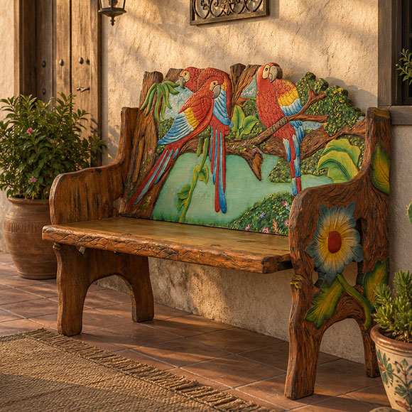 Carved Collection Macaws Bench one front porch.