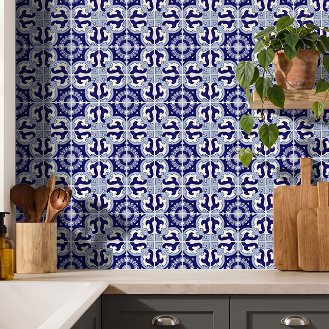 Kitchen counter with Napolitano Azul Talavera Tile backsplash.