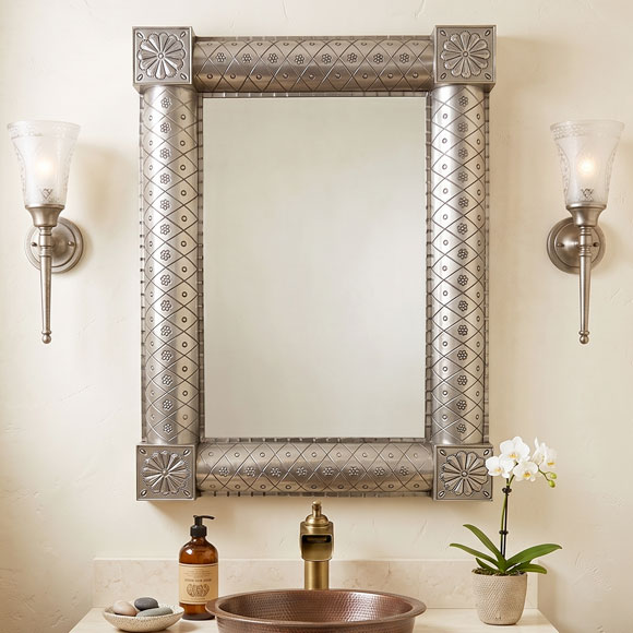 Powder room with a Medium San Miguel Mirror in the Natural Finish over a sink.