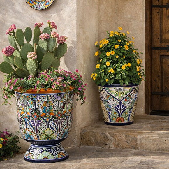 Talavera planters with flowers on a stone entryway.