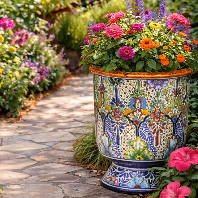 Talavera planter on a stone garden path.