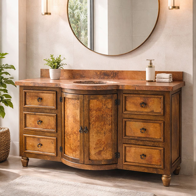 Antique Pine & Copper Curved Six-Drawer Vanity w/ Copper Doors & Drawers