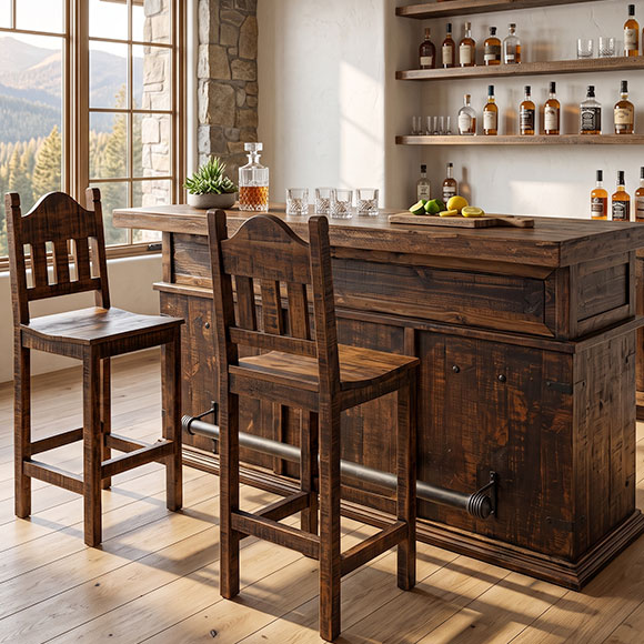 Ranch Collection Ranch Bar with Tall Cassidy Bar Stools.