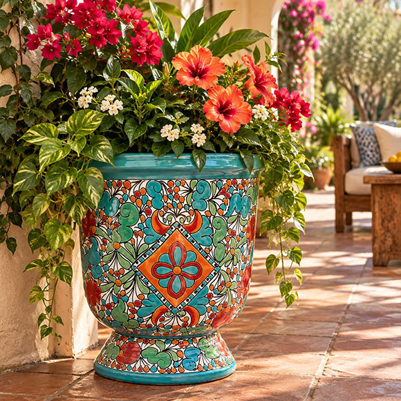 Mexican Talavera planter overflowing with healthy green foliage and beautiful flowering plants.