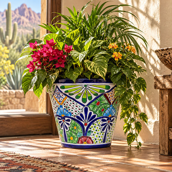 Mexican Talavera planter overflowing with healthy green foliage and beautiful flowering plants.
