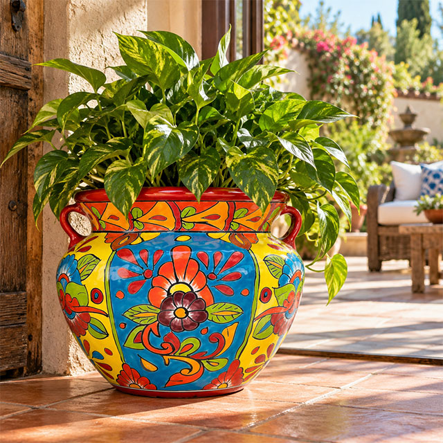 Mexican Talavera planter filled with a healthy, abundant leafy green plant.