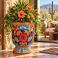 Hand-painted Mexican Talavera planter (TCTP540) with green foliage and flowering plants.