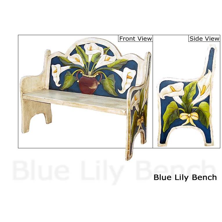 Mexican Rustic Blue Lily Carved Triple Bench
