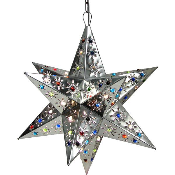 Large Mexican Tin Tonala Star with Marbles: with Natural Finish