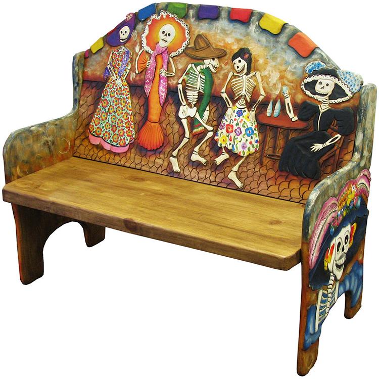 Mexican Rustic Dancing Skeletons Carved Double Bench
