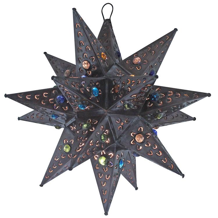 Large Mexican Tin Petalos Star with Marbles: with Oxidized Finish