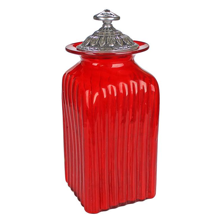 Red Glass Kitchen Canister with Olive Leaf Pewter Top