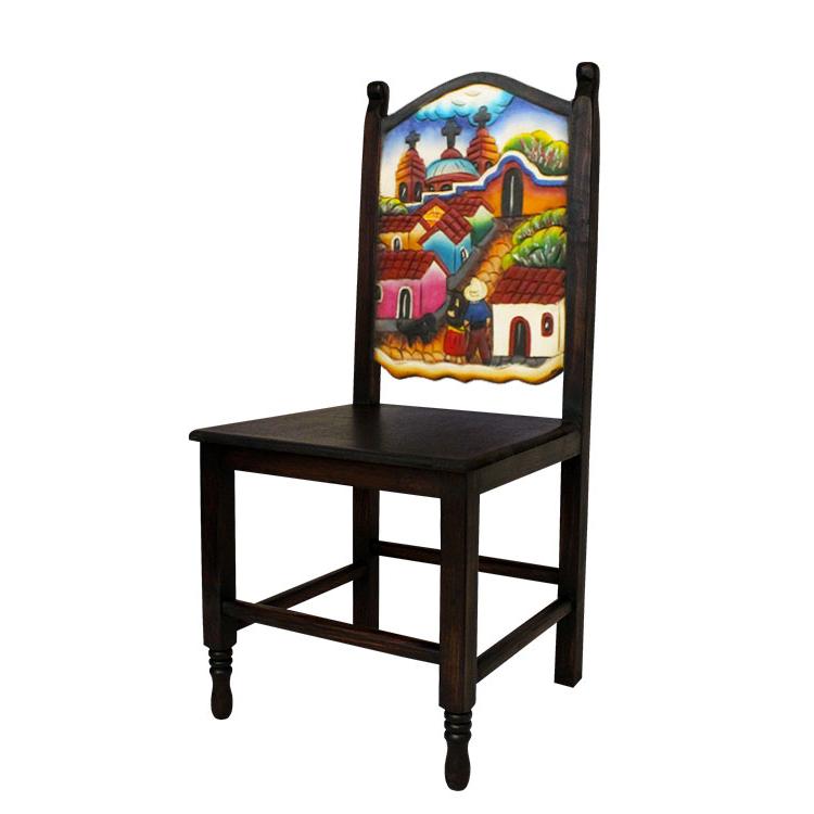 Mexican Rustic Pueblo Carved Chair # 1 with Wooden Seat