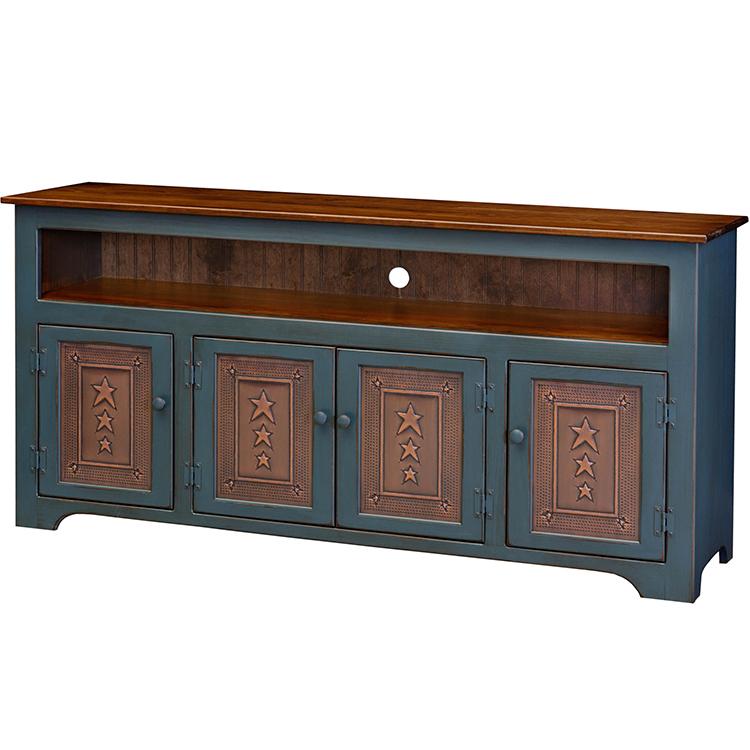 4-Door Country TV Stand w/ Tin Panels  - Country Blue & Cherry