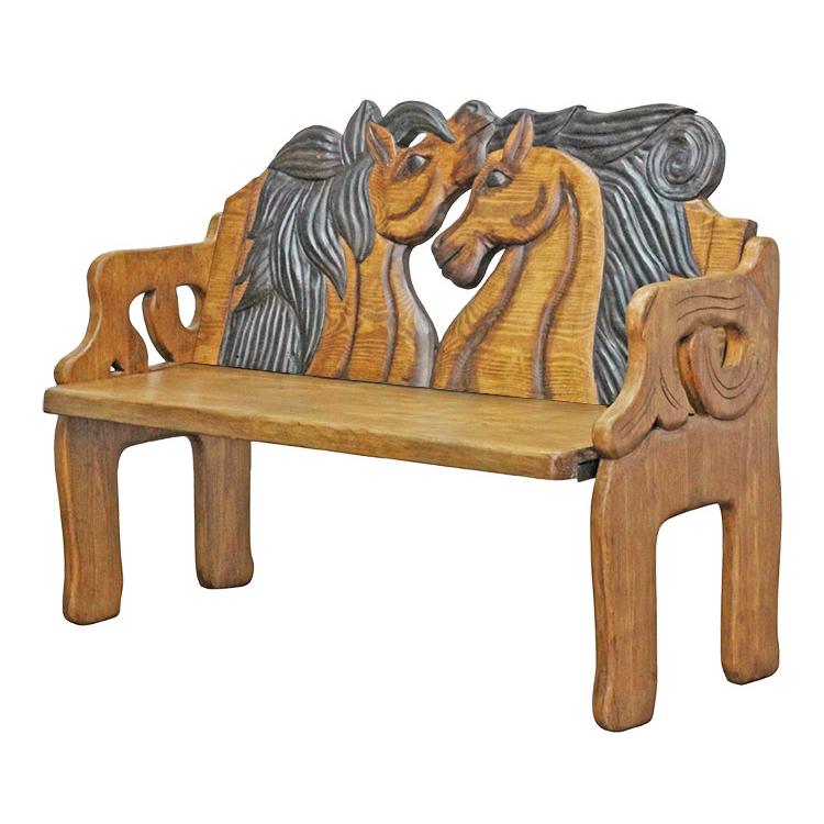 Mexican Rustic Two Horse Carved Double Bench