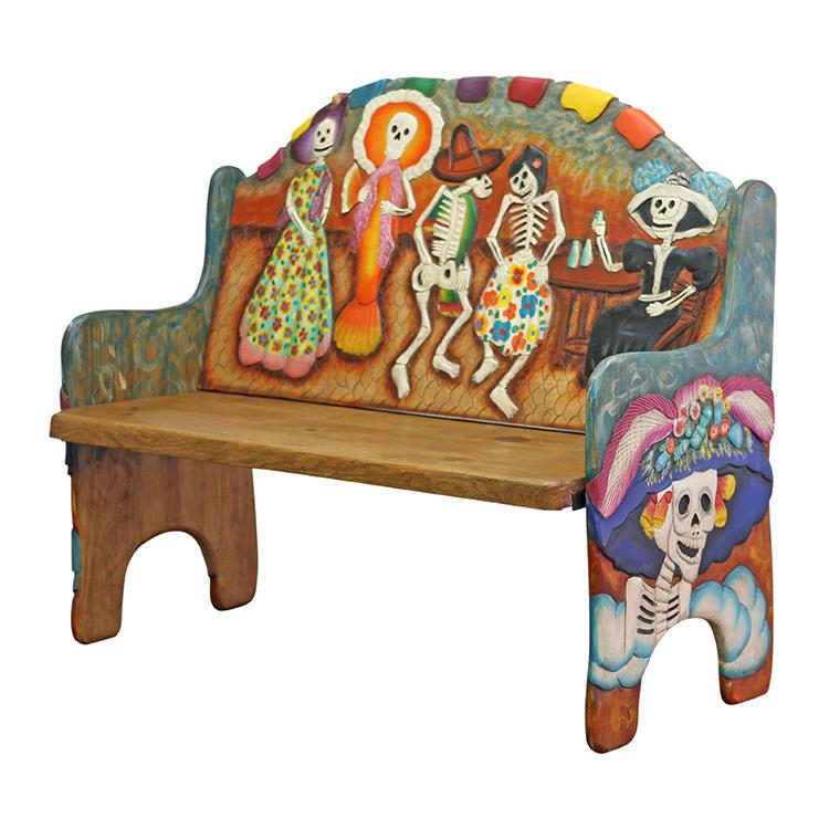 Mexican Rustic Dancing Skeletons Carved Triple Bench
