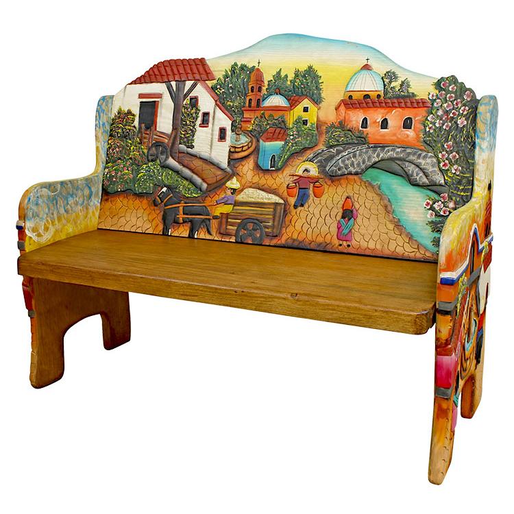 Mexican Hand Carved Wood Benches For, Hand Painted Wooden Benches