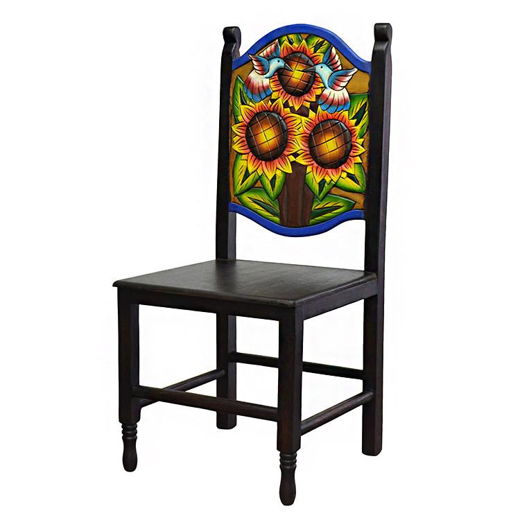 Mexican Rustic Sunflower Carved Chair with Wooden Seat