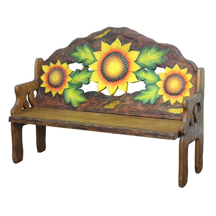 Mexican Rustic Sunflower Carved Triple Bench