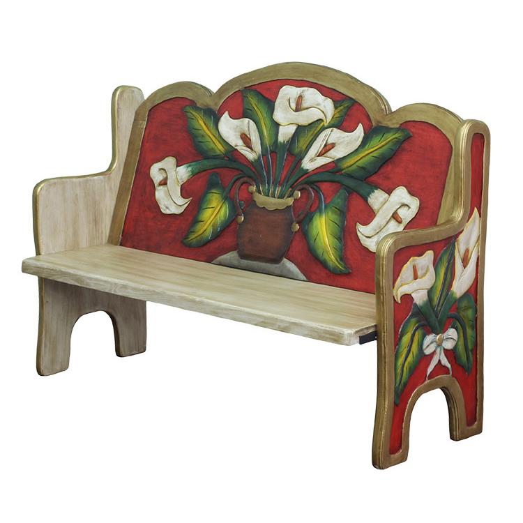 Mexican Rustic Maroon Lily Carved Triple Bench