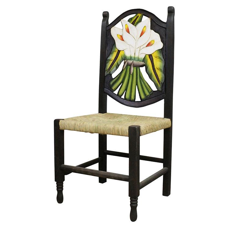 Mexican Rustic Calla Lily Carved Chair with Woven Seat