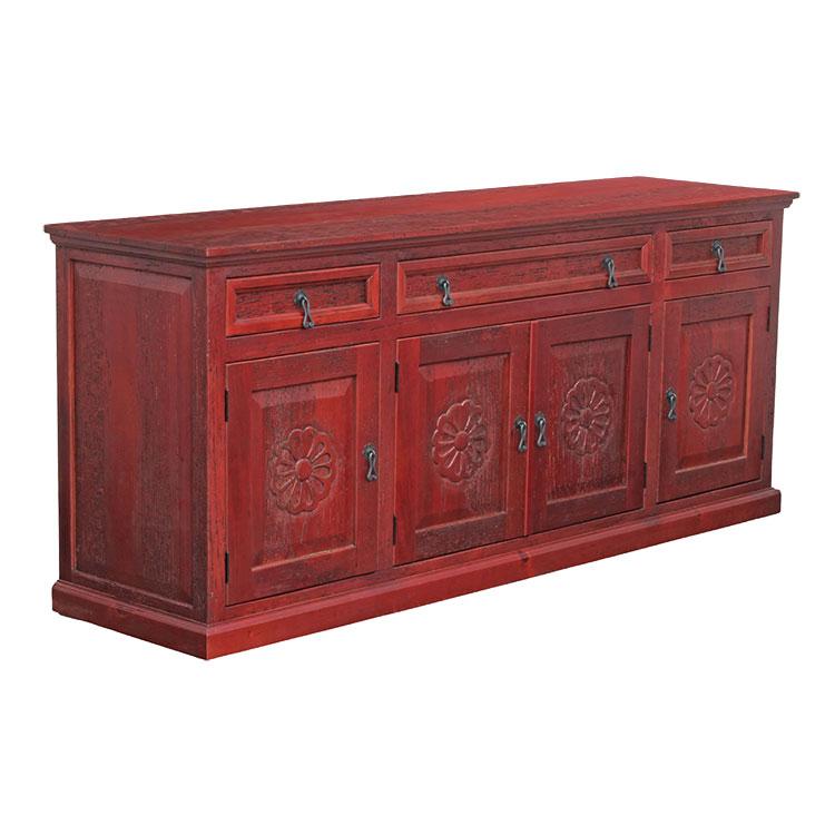Southwestern Rustic Carved Flower Sideboard with Wine Finish