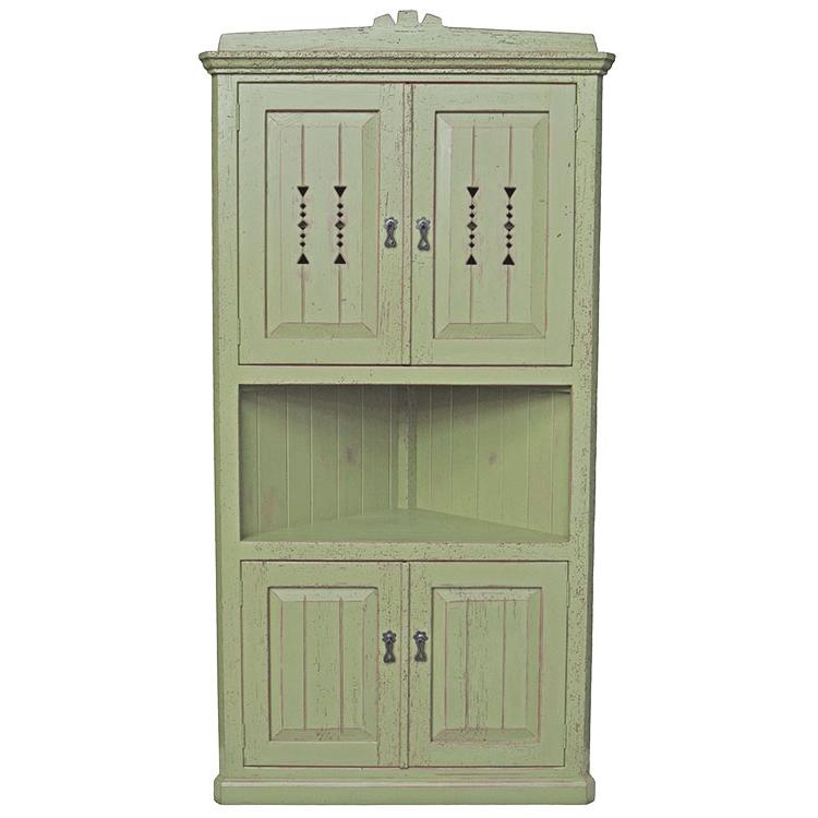 Southwestern Rustic Taos Corner Cabinet with Pastel Green/Red Under Finish