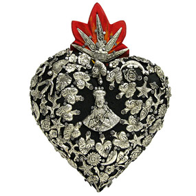 Small Black Heartwith Silver Milagros