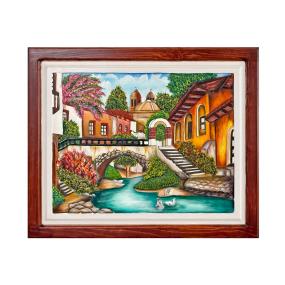 Pueblo con Rio Carved Relief Painting