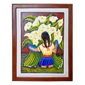 Nina con Alcatraces Carved Relief Painting
