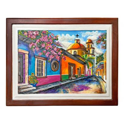 Peaceful Street Carved Relief Painting