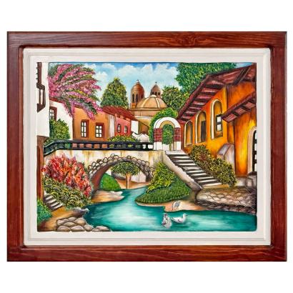 Pueblo con Rio Carved Relief Painting